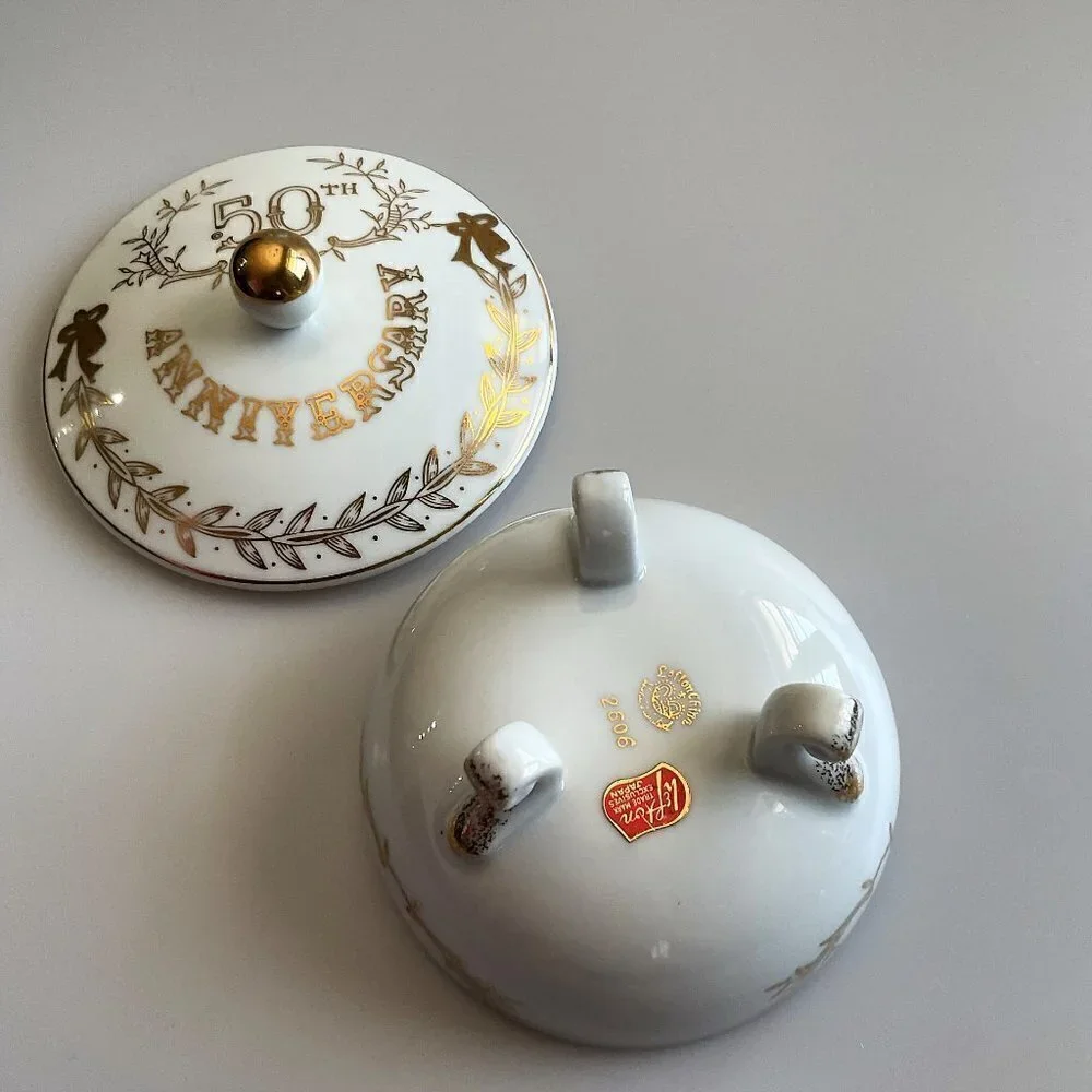VINTAGE LEFTON CHINA 50TH ANNIVERSARY FOOTED CANDY TRINKET DISH GOLD LEAF